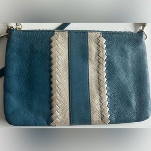 Jack Rogers cross body zipper leather purse. Dark teal/pearlised tan details.